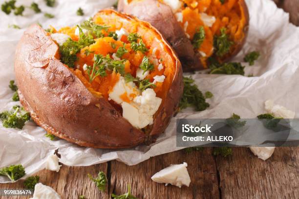 Healthy Food Baked Sweet Potato Stuffed With Cheese And Parsley Closeup Horizontal Stock Photo - Download Image Now