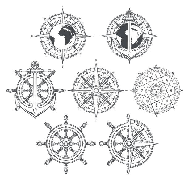 Wind rose, ship anchor and helm in retro style Vector set of nautical emblems. Wind rose, ship anchor and helm in retro style. Black and white outline drawings on the theme of travel, adventure and discovery. T-shirt and label graphics anchor free pic stock illustrations