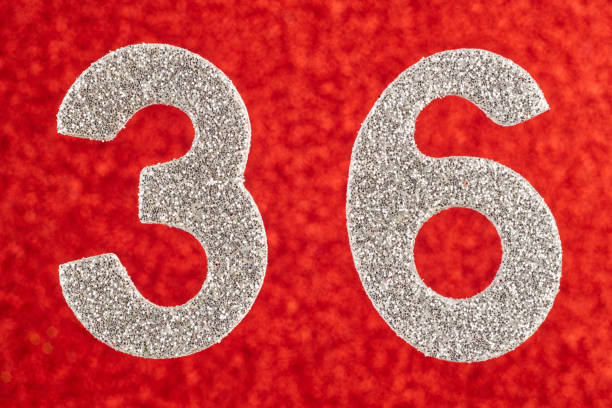 istock Number thirty-six silver color over a red background. Anniversary 959837440