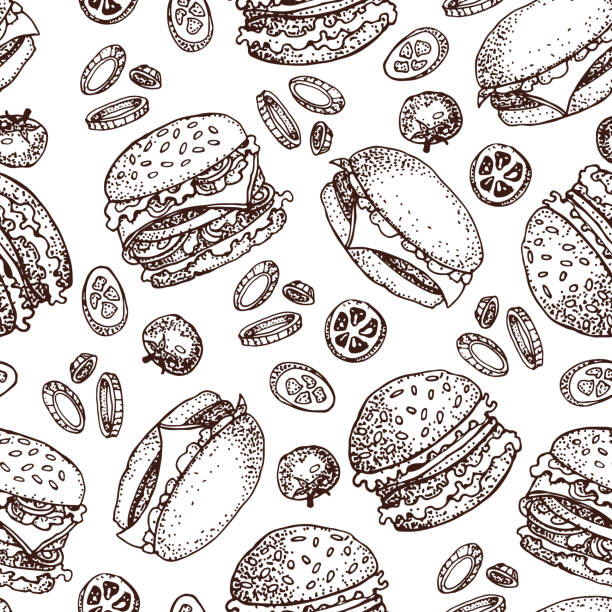 illustrazioni stock, clip art, cartoni animati e icone di tendenza di modello vettoriale disegnato a mano senza cuciture di hamburger, pomodoro e cipolla. set di fast food disegnato a mano.  isolato su bianco. per ristorante, menu, street food, panetteria, caffetteria, volantino - food meat doodle dairy product