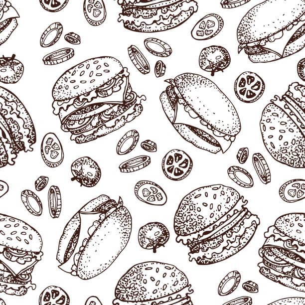 stockillustraties, clipart, cartoons en iconen met vector hand getekend naadloze patroon van hamburgers, tomaat en ui. hand getekend set van fast food.  geïsoleerd op wit. voor restaurant, menu, straatvoedsel, bakkerij, café, flyer - burger