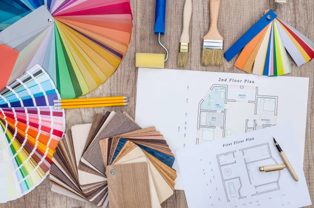 istock House plan with different swatches on wooden background 959842794