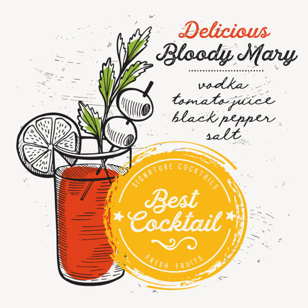 ilustraciones, imágenes clip art, dibujos animados e iconos de stock de cóctel bloody mary para menú del bar. flyer de bebidas vector de restaurante y cafetería. diseño de afiche con vintage ilustraciones dibujadas a mano. - bloody mary