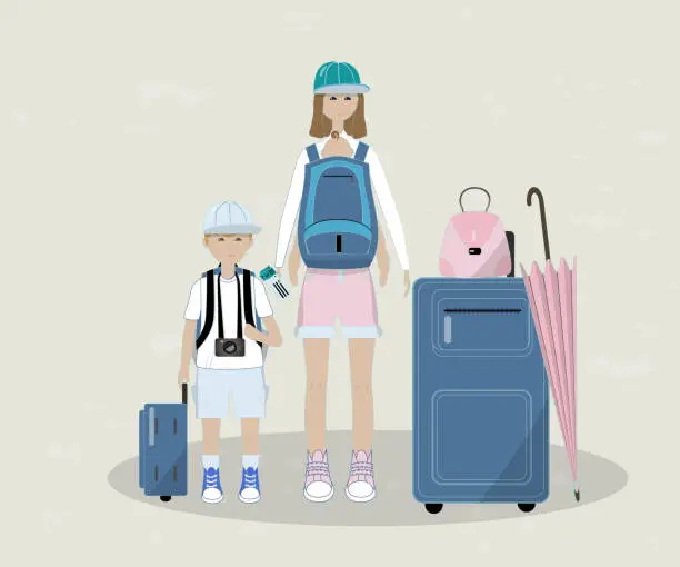 Vector illustration of Flat illustration of mother and children with baggage. Traveling design.