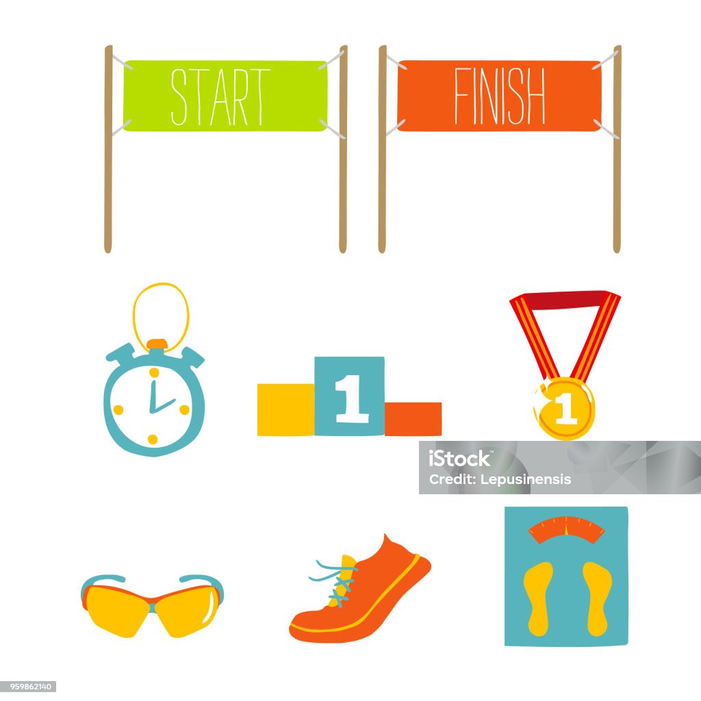 Set of marathon flat icon design, vector illustration. Finish Line stock vector