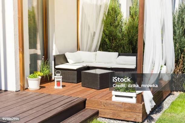 Chillout Lounge On Wooden Terrace Stock Photo - Download Image Now - Curtain, Patio, Outdoors