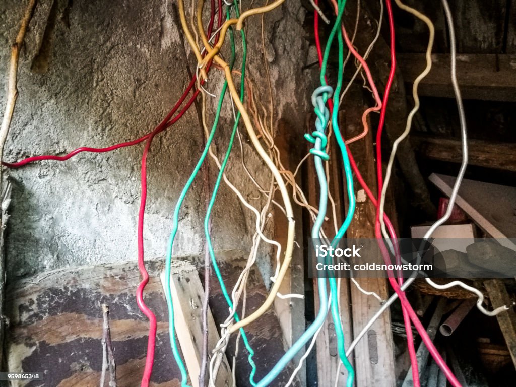 Electrical Mess Messy Multi Colored Electrical Wires And Cables Hanging In A Row Stock ...
