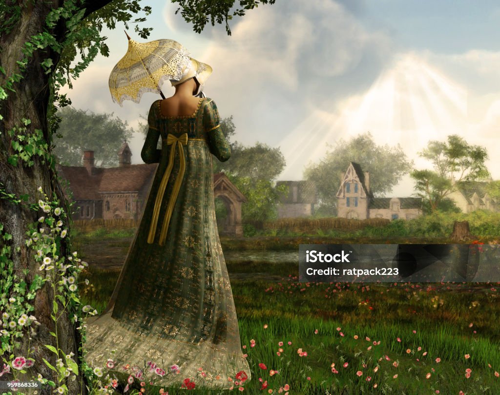 Jane Austen Stil Frau flanierende Landschaft - Lizenzfrei Regency-Stil Stock-Foto