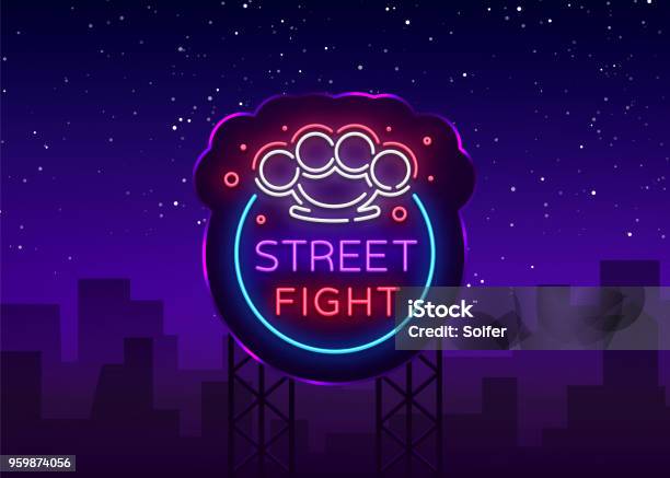 Street Fight Logo In Neon Style Fight Club Neon Sign Logo With Brass Knuckles Sports Neon Sign On Night Fighting Mixed Fighting Mma Light Banner Night Bright Advertising Vector Billboard Stock Illustration - Download Image Now