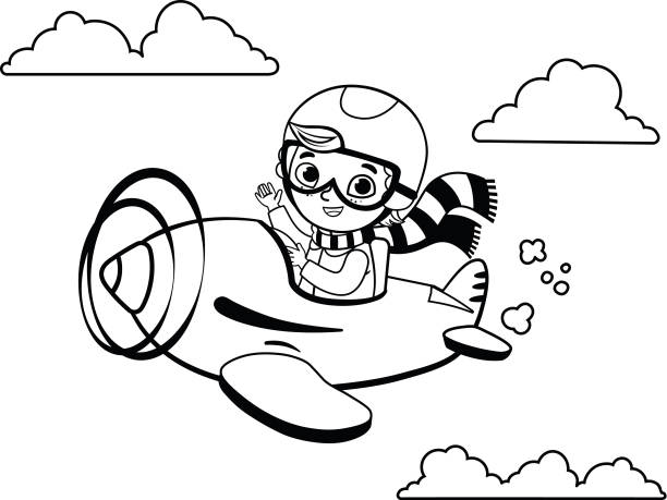 illustrations, cliparts, dessins animés et icônes de noir et blanc mignon garçon emmène sur un plan. - color image people air vehicle airplane