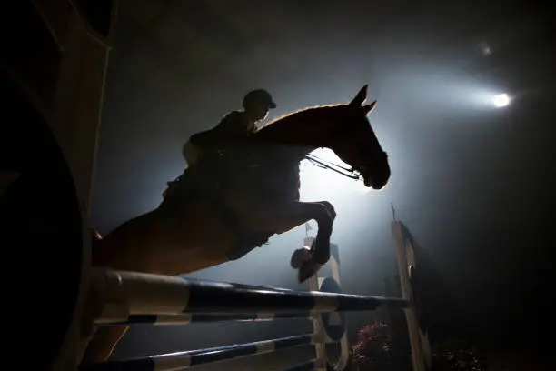 Back light silhouette of hurdle jumping. Woman rider on a brown horse in the air over a hurdle.
