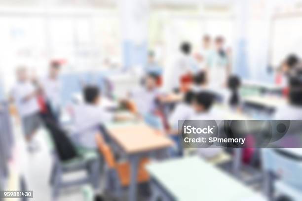 Blurred Primary School With Parent And Children In Backgrounddefocus Open House Day At For Kindergarten Students Stock Photo - Download Image Now