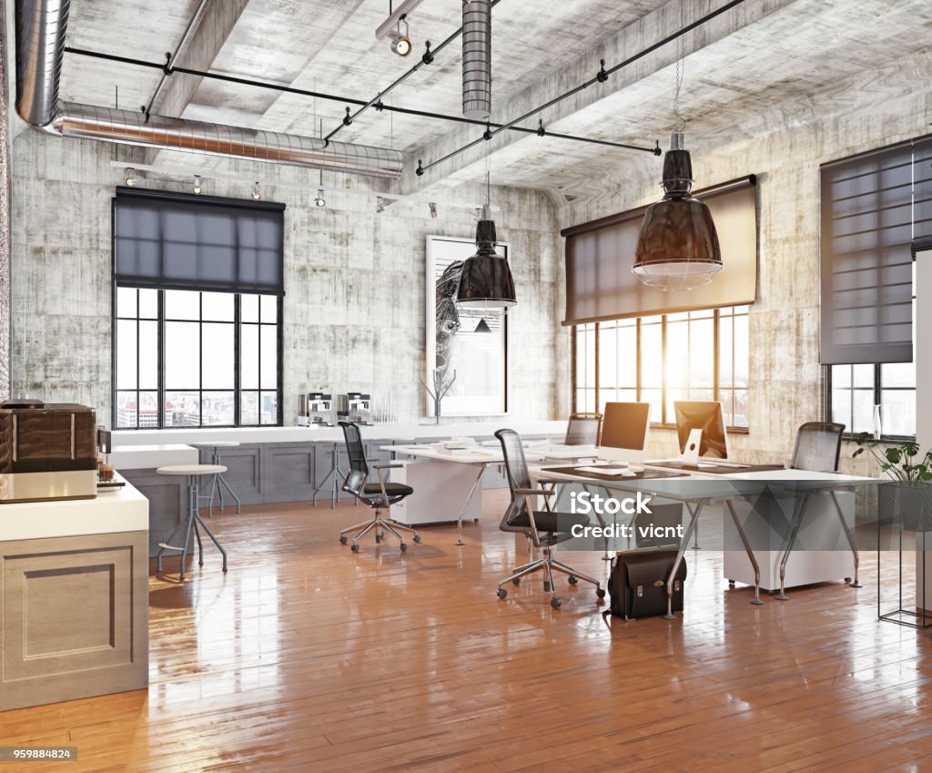 modern coworking office modern coworking loft office . 3d rendering concept Office Stock Photo