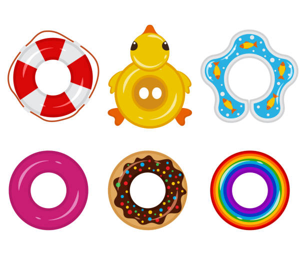 Inflatable float rubber ring for children and adults, for swimming pools, the sea, oceans, rivers, lakes. Life buoy icon top view. Vector flat set isolated on a white background. Inflatable float rubber ring vector cartoon set. Lifebuoy icon. inflated pool stock illustrations