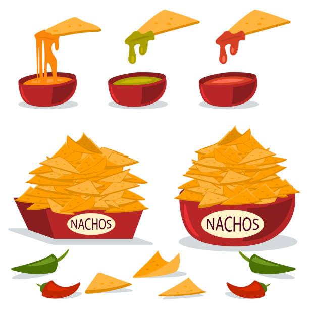 Nachos in a plate with cheese, chili and guacamole sauces. Vector cartoon flat illustration of mexican food isolated on white background. Nachos with cheese vector cartoon icon. nacho chip stock illustrations