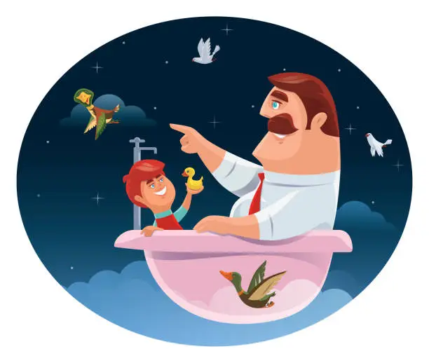 Vector illustration of father and son sitting in bathtub