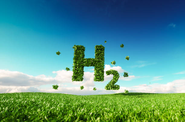 eco-freundlich sauber wasserstoff-energie-konzept. 3d-rendering des wasserstoff-symbol auf frische frühlingswiese mit blauen himmel im hintergrund. - wasserstoff stock-fotos und bilder