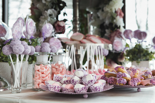 Pink candy bar for holiday celebration. Sweet buffet for birthday party or wedding. Desserts assortment against wooden background, catering concept