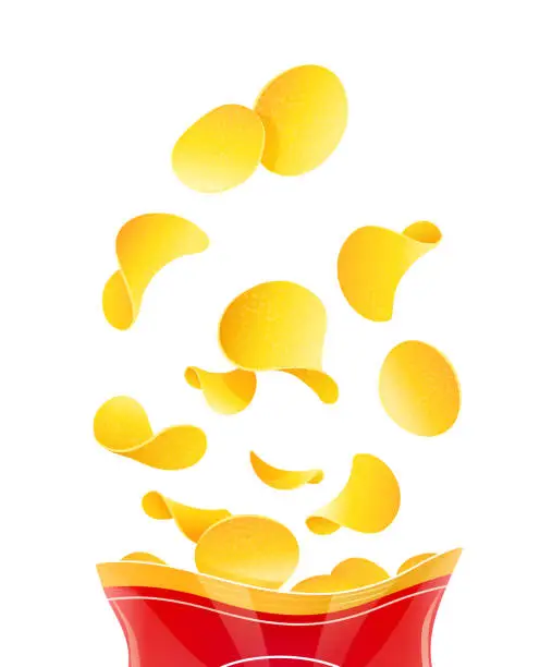 Vector illustration of Potatoes chips. Fast-food in packaging.