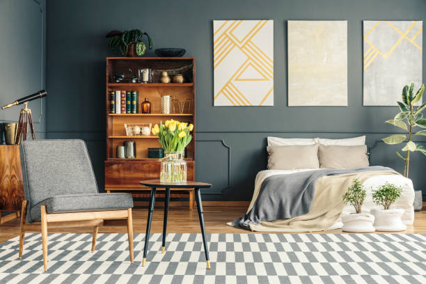 istock Cozy bed in retro bedroom 959909622