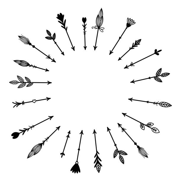 소박한, boho 화살표 설정 벡터 - north american tribal culture arrow arrowhead bow and arrow stock illustrations