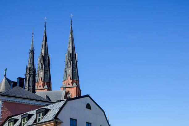 église et les toits à uppsala, suède - uppsala cathedral photos et images de collection