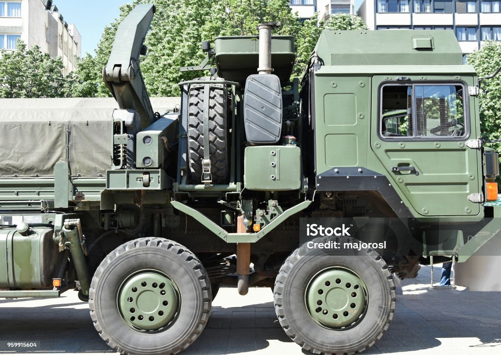 Military truck on the street Armed Forces Stock Photo