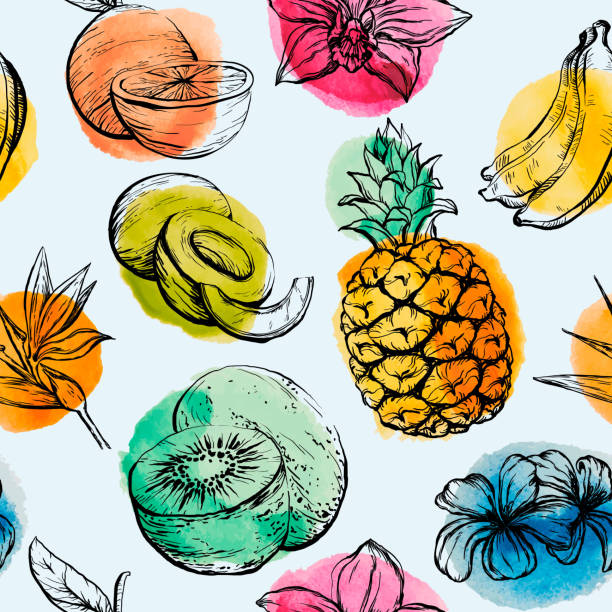 Seamless pattern with Tropical flowersand fruits Seamless pattern with Tropical flowersand fruits, vector illustration fruit drawings stock illustrations
