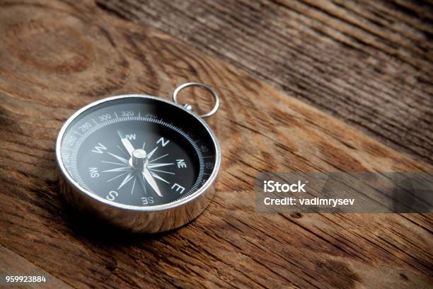 Compass On A Wooden Background Stock Photo - Download Image Now - Navigational Compass, Antique, Camping