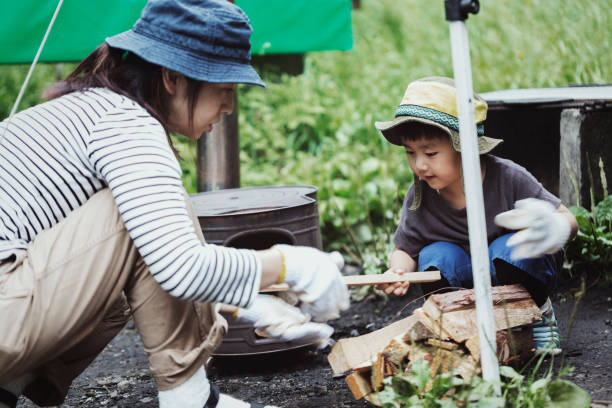 Mother and son camping outdoor