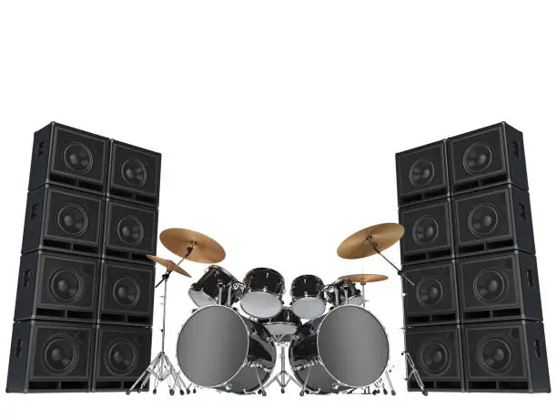 Photo of Drum kits and guitar amplifiers. Isolated on white background