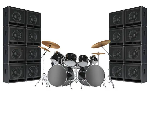 Photo of Drum kits and guitar amplifiers. Isolated on white background