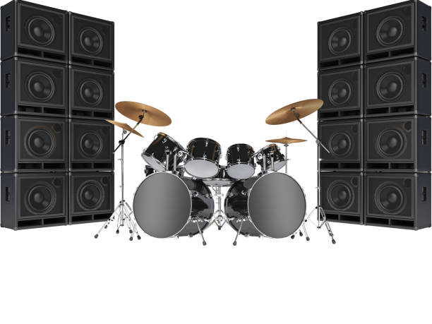 istock Drum kits and guitar amplifiers. Isolated on white background 959928018