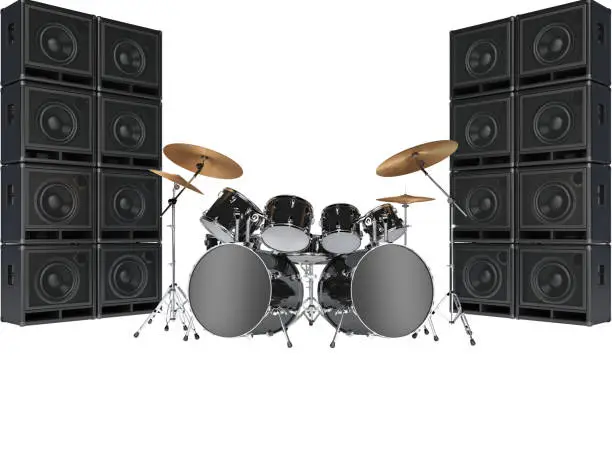 Photo of Drum kits and guitar amplifiers. Isolated on white background