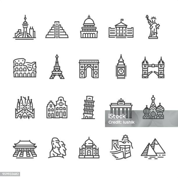 International Landmark And Famous Place Outline Vector Icons Stock Illustration - Download Image Now