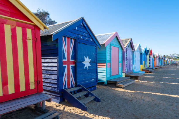 Bathing Huts on Brighton Beach, Melbourne, Australia Bright and colourful wood beach bathing huts on Brighton Beach close to Melbourne, Australia vacation rental cleaning stock pictures, royalty-free photos & images