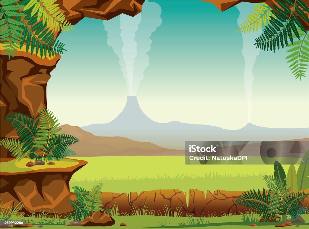 Prehistoric landscape - cave, fern, volcano Prehistoric cartoon landscape - green ferns, grass, smoking volcanoes and stone cave on a blue sky. Vector nature illustration. Prehistoric Era stock vector