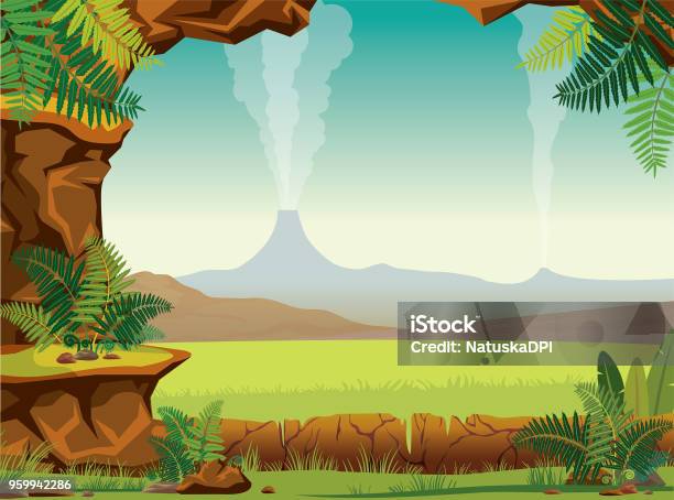Prehistoric Landscape Cave Fern Volcano Stock Illustration - Download Image Now - Prehistoric Era, Ancient, Backgrounds