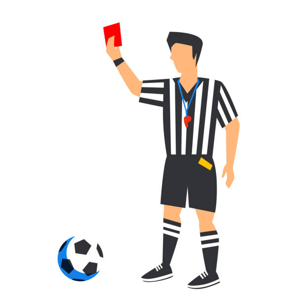 kuvapankkikuvitukset aiheesta abstrakti sinisessä jalkapallotuomarissa punaisella kortilla ja pallolla. jalkapallotuomari eristetty valkoisella taustalla.  värikuva litteällä tyylillä - referee