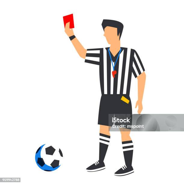 Abstract In Blue Football Referee With Red Card And Ball Soccer Referee Isolated On A White Background Color Illustration In Flat Style Stock Illustration - Download Image Now