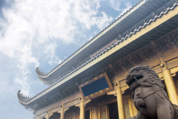 каменный лев и здание храма в эмейшане, провинция сычуань, китай - emeishan стоковые фото и изображения