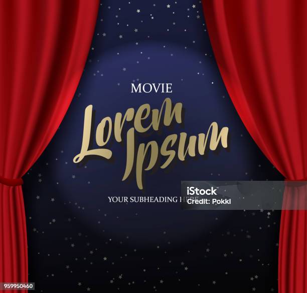 Teather Stage Template With Red Heavy Curtain And Golden Text Stock Illustration - Download Image Now