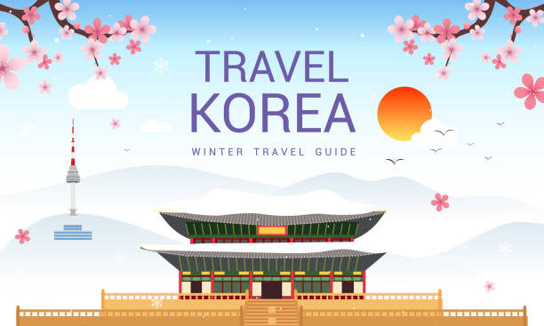 Travel Korea template vector illustration. Beautiful winter landscape with Plum blossom branches and attractions in flat design. Travel Korea template vector illustration. Beautiful winter landscape with Plum blossom branches and attractions in flat design. blossom flower plum white stock illustrations