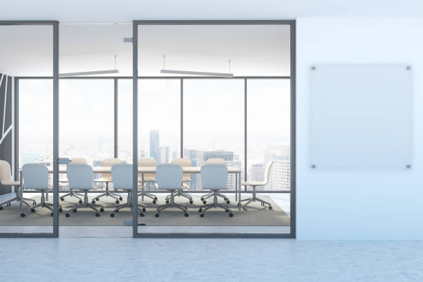 istock Panoramic meeting room lobby company name mock up 959956782