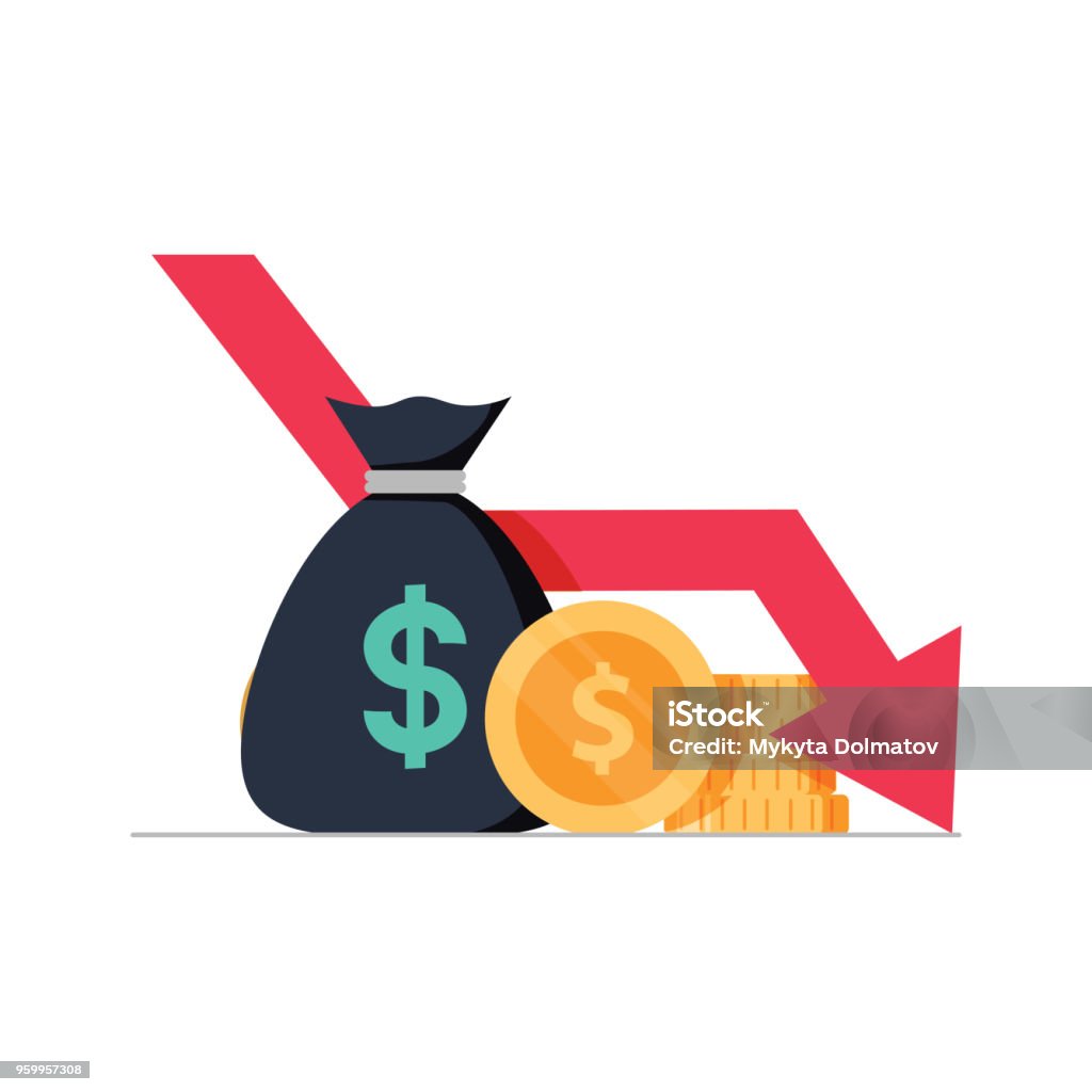 Geld-Verlust-Vektor-Illustration, flache Cartoon Bargeld mit nach unten Pfeil Bestände Grafik, Konzept der Finanzkrise, Markt fallen - Lizenzfrei Währung Vektorgrafik