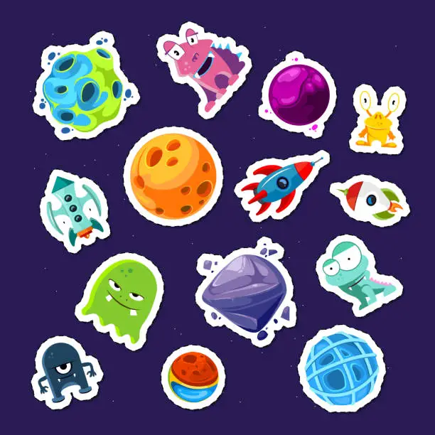 Vector illustration of Vector cartoon space planets and ships stickers set