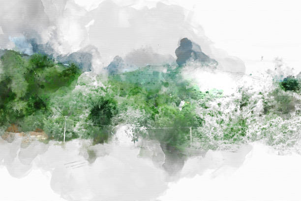 Abstract colorful Mountain hill on watercolor painting background.