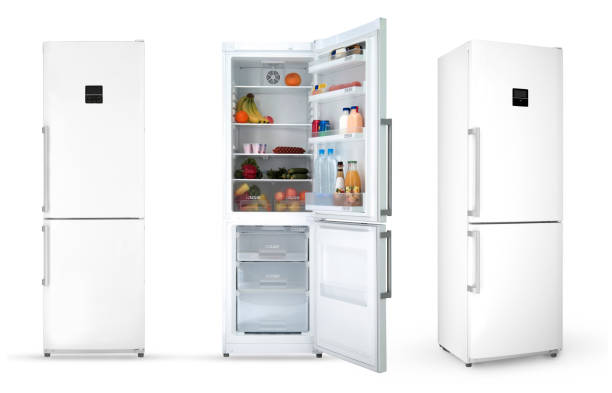 household refrigerator on a white background - three different refrigerators imagens e fotografias de stock