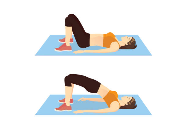 ilustraciones, imágenes clip art, dibujos animados e iconos de stock de mujer haciendo ejercicio con elevación de cadera para poner firme su cuerpo. - cadera