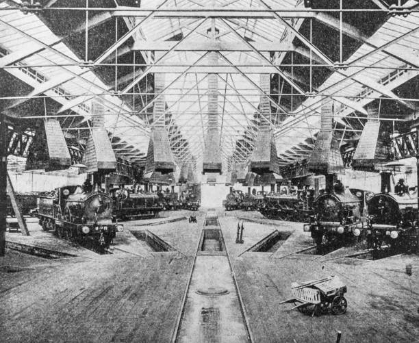 Victorian train industry - running shed Victorian train industry - running shed. Heavy industry inside a train yard in Derby from the pre-1900 book "English Illustrated Magazine" 1891-1892. locomotive photos stock pictures, royalty-free photos & images